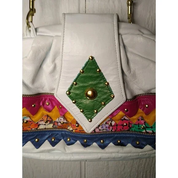 Samir Vtg HandBag White Bright Color Block Zigzag Prints Leather Hinged Purse - Picture 2 of 12